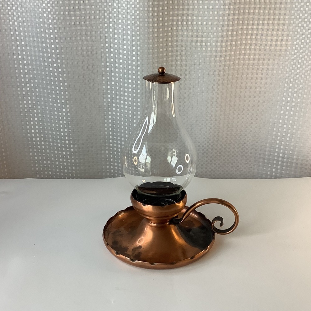 12" Vintage Solid Copper Hurricane Candle Stick Holder‎ w/ Lid